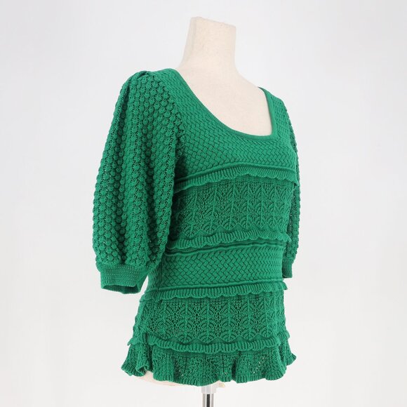 BOSTON PROPER Artisanal Knit Tiered Half Sleeve Scoop Neck Top Emerald Green M - Picture 2 of 8
